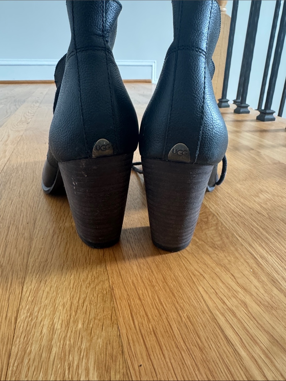 UGG Black Leather Stacked Heel Ankle Boots